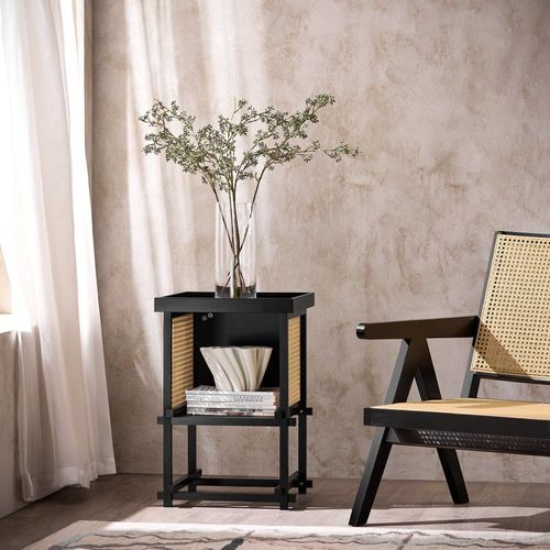 Table D'appoint Design Avec Compartiment Ouvert, Cadre En Bambou