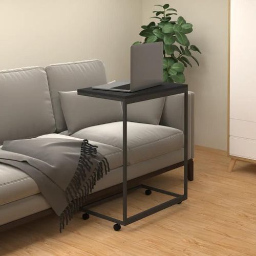 Table D'appoint En Bois D'ingenierie Noir | 55x35x70 Cm, 4 Roues, Design En Forme De C, Compact, Gain De Place, Multifonctionnel