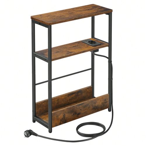 Table D'appoint Fine Avec Multiprise, Table De Chevet  3 Niveaux, Bout De Canap, Pour Petits Espaces, Marron Rustique Et Noir D'encre