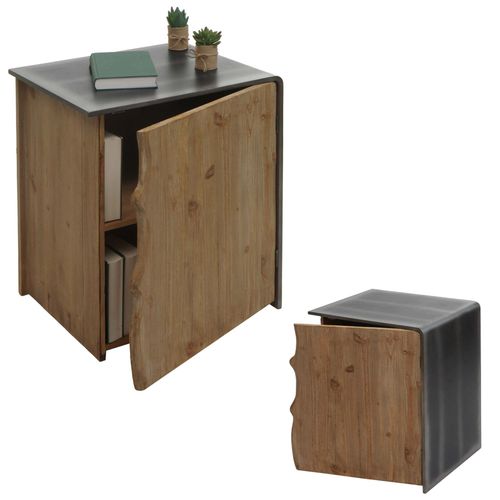 Table D'appoint Hwc-L76, Commode Table De Nuit Armoire, Bois Massif Industriel Mvg 60x50x40cm, Naturel Avec Aspect Mtal