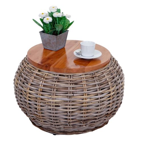 Table D'appoint Hwc-M30, Table En Rotin Table De Fleurs Table De Caf Table De Salon Table En Bois, Ronde 33x49x49cm, Kubu Rotin Naturel