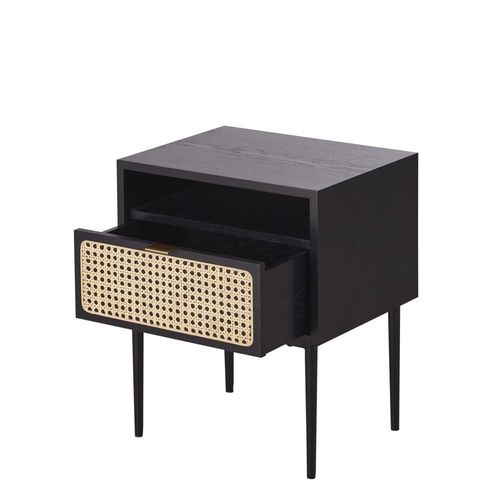 Table De Chevet 1 Tiroir Noir Et Cannage En Rotin
