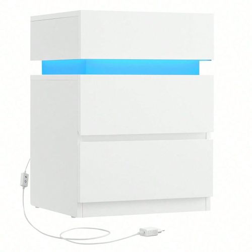 Table De Chevet, Avec Bande Led Multicolore Rglable, 3 Tiroirs, Style Moderne, 33,5 X 40 X 55 Cm, Blanc