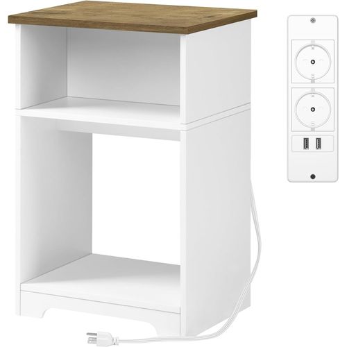 Table De Chevet Avec Borne De Recharge, Table De Chevet 3 Niveaux Avec Port Usb Et Prises, Table De Chevet Mdf Moderne Avec tagre De Rangement Dans Le Salon, Blanc Et Naturel