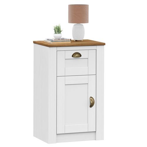 Table De Chevet Bolton Table De Nuit Avec 1 Tiroir Et 1 Porte, Style Classique, En Pin Massif Lasur Blanc Et Brun
