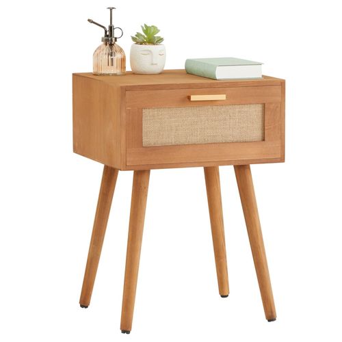 Table De Chevet Kiran 1 Tiroir, Table De Nuit Design Vintage En Bois Brun Et Lin