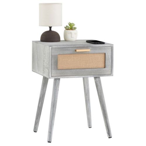 Table De Chevet Kiran 1 Tiroir, Table De Nuit Design Vintage En Bois Gris Et Lin
