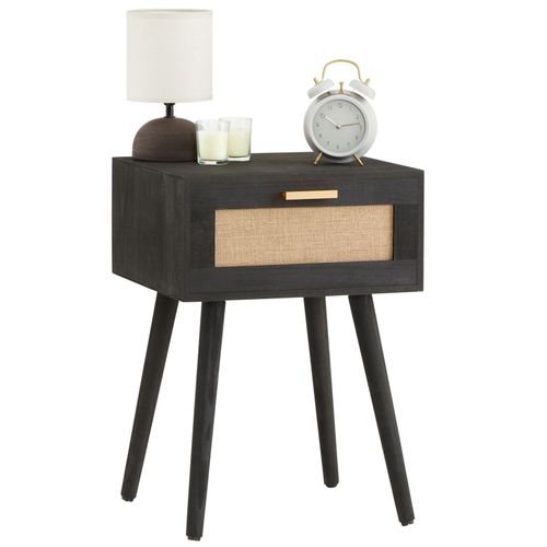 Table De Chevet Kiran 1 Tiroir, Table De Nuit Design Vintage En Bois Lasur Noir Et Lin