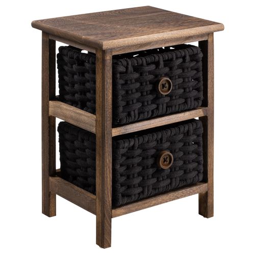 Table De Chevet Pluto Petite Commode De Nuit En Bois De Paulownia Brun Fonc, Avec 2 Paniers En Coton Tress Noir