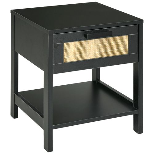 Table De Chevet Tiroir Et tagre Cannage En Rotin Dim. 40l X 40l X 48h Cm Mdf Aspect Bois Noir