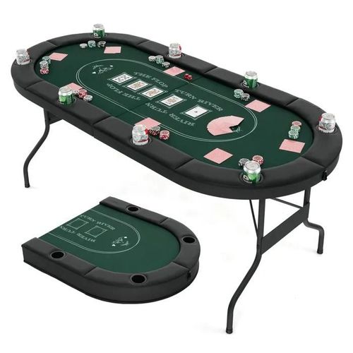 Table De Poker Pliable-Costway-Pour 8 Joueurs-182 X 82 X 75 Cm-Ovale-8 Porte-Gobelets-Surface En Feutre-Multifonction-Noir + Vert