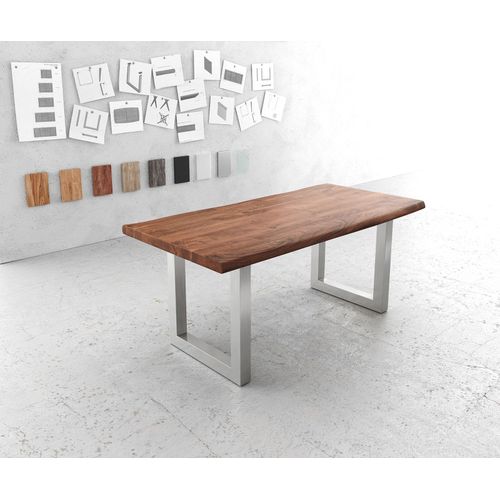 Table-De-Salle-?-Manger Edge Acacia Marron 180x90 Xl Acier Inoxydable Large Live-Edge