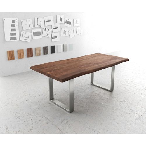 Table-De-Salle-?-Manger Edge Acacia Marron 200x100 Xl Acier Inoxydable ?Troit Live-Edge