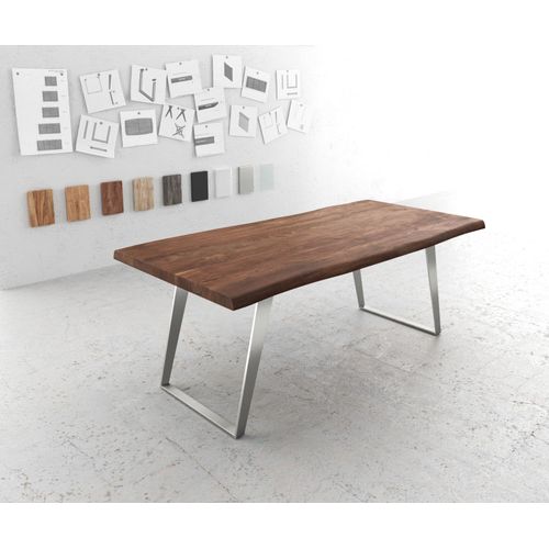 Table-De-Salle-?-Manger Edge Acacia Marron 200x100 Xl Acier Inoxydable Inclin? Live-Edge