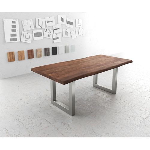 Table-De-Salle-?-Manger Edge Acacia Marron 200x100 Xl Acier Inoxydable Large Live-Edge