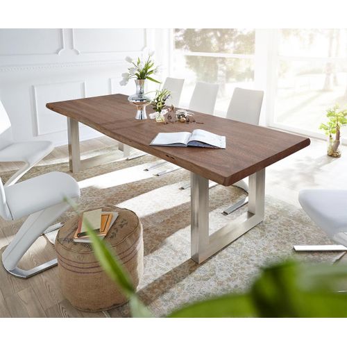 Table-De-Salle-?-Manger Edge Acacia Marron 300x100 Xl Acier Inoxydable Large Live-Edge