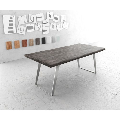 Table-De-Salle-?-Manger Edge Acacia Platine 200x100 Xl Acier Inoxydable Inclin? Live-Edge