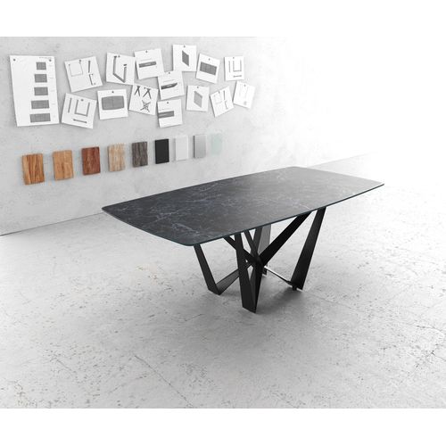 Table-De-Salle--Manger Edge Forme Boot 200x100cm Laminam Cramique Gris Pieds Millieu Acier Plat Noir