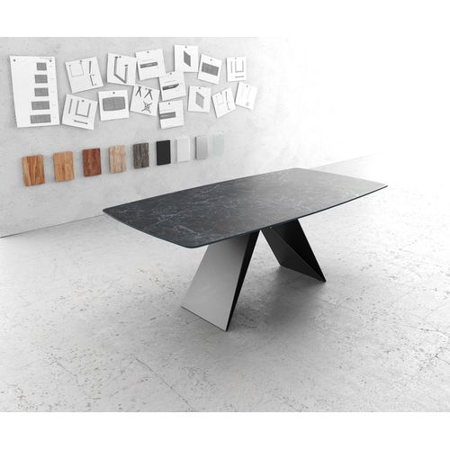 Table-De-Salle--Manger Edge Forme Boot 200x100cm Laminam Cramique Gris Pieds-V Millieu Noir