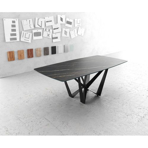 Table-De-Salle--Manger Edge Forme Boot 200x100cm Laminam Cramique Marron Pieds Millieu Acier Plat Noir