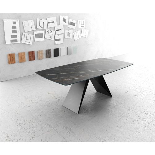 Table-De-Salle--Manger Edge Forme Boot 200x100cm Laminam Cramique Marron Pieds-V Millieu Noir