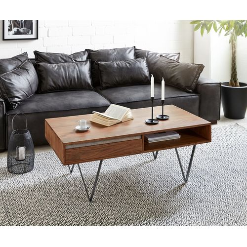 Table-De-Salon Stonegrace Acacia Marron Ardoise 115x60 Cm 2 Tiroirs 1 Compartiment Pied En V Noir Table Basse