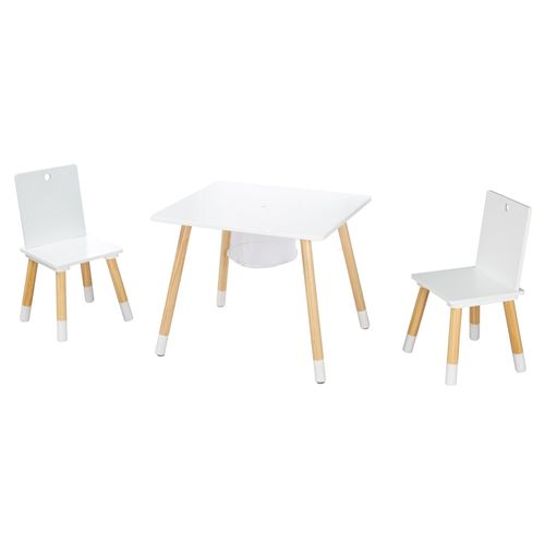 Table Et 2 Chaises Enfant En Bois Blanc Avec Filet De Rangement