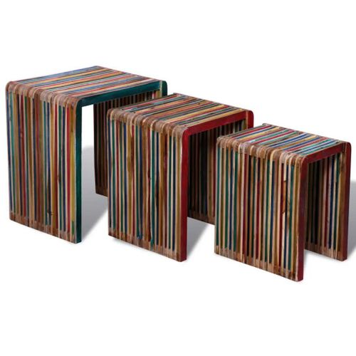 Table Gigogne En Teck Recycle | Ensemble De 3 Pieces Colorees, Compact, Gain De Place, Multifonctionnel Pour Salon/Chambre