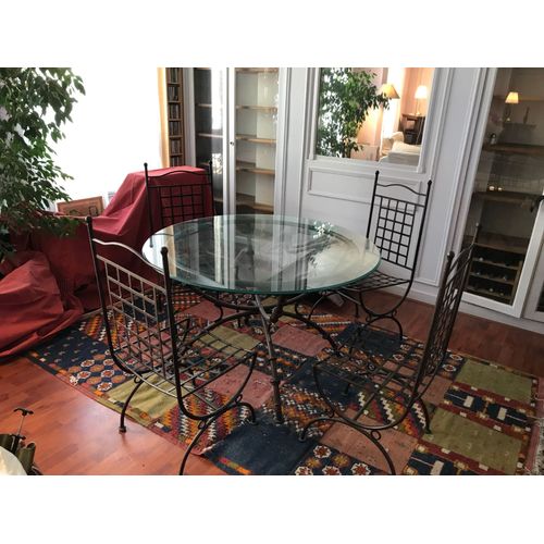 Table Plateau Verre Dimaetre 120 Cm Pied Fer Forg + 4 Chaises Fer Forg