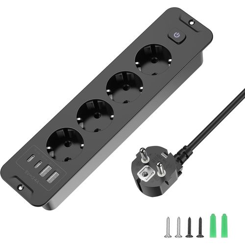 Table Power Strip 4 Sockets With 2 Usb Ports And 2 Type-C With 2 M Cable, 250 V/16 A, Power Strip For Furniture Or Worktops, Black