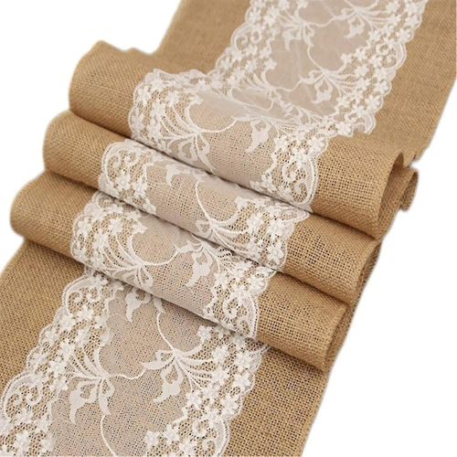Table Runner Jute Table Ruban Avec Dentelle, Chemin De Table En Toile De Jute Pour Wedding Party Event Table