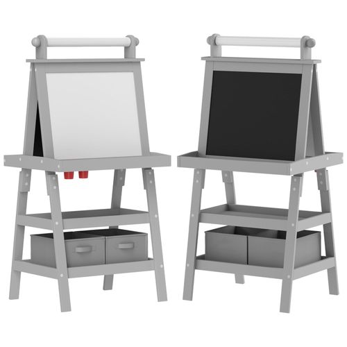 Tableau Chevalet Enfant 3 En 1 Tableau Double Face Enfant Avec Tableau Blanc Magntique Tableau  Craie - Rouleau Papier + 2 Paniers Rangement Intgrs - Enfant 3-6 Ans En Bois Gris