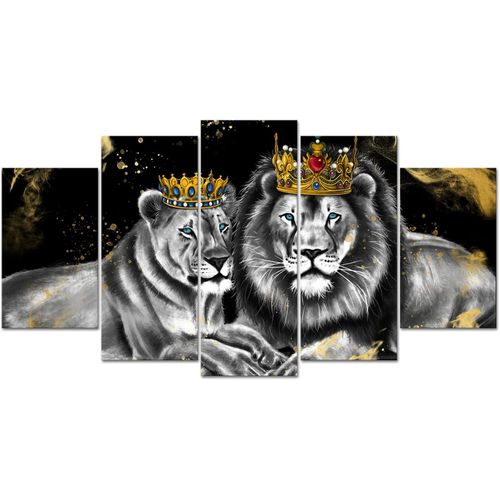 Tableau Mural Sur Toile Avec Lion, Roi Et Reine Avec Couronne Dore, Affiches D'animaux Africains, Impressions Gicles Modernes En Noir Et Blanc Pour Chambre  Coucher, S 150 X 80 Cm. (Sans Cadre)
