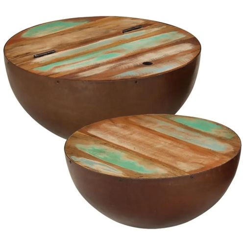 Tables Basses En Forme De Bol En Bois De Recuperation Massif 2 Pcs | Design Retro, Plateau Ouvrant Avec Rangement, Decoration Unique Pour Salon