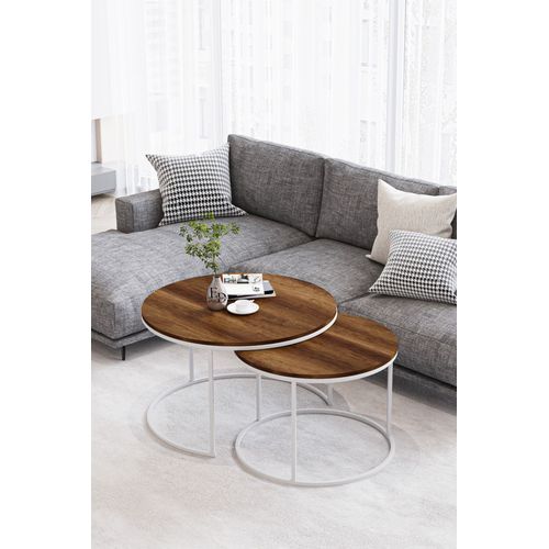 Tables Basses Rondes Bois Fonce - Modele Paris - Set De 2 Tables Gigognes Design Metal Blanc Moderne