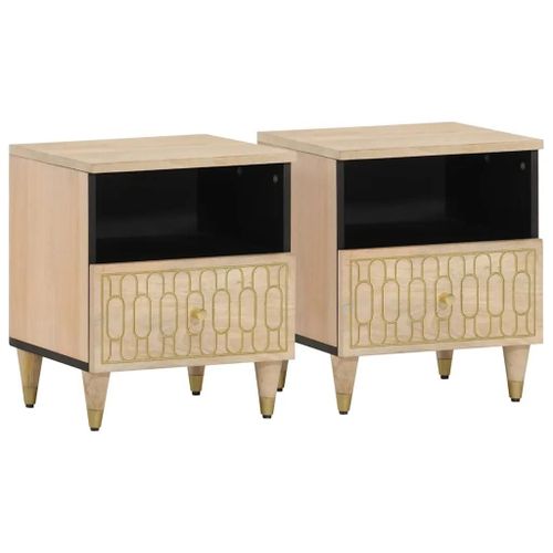 Tables De Chevet En Bois De Manguier Massif 2 Pcs | 40x33x46 Cm, 1 Tiroir + 1 Compartiment, Design Sculpte Main, Gain De Place