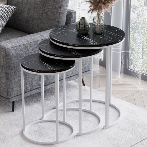 Tables Gigognes Paris Rondes Effet Marbre Noir - Set De 3 Tables Basses Design - Pieds Metal Blanc Moderne