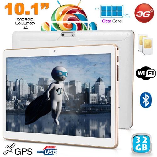 Tablette 10.1 Android Lollipop Telephone 3G Quad Core Double Sim GPS 16Go Blanc YONIS