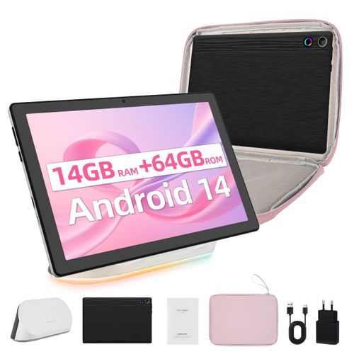 Tablette 10'' Android 14 Octa-Core, 14Go RAM+64Go ROM Extensible  1 To, 1280x800 HD, Camra 5MP+8MP, Wi-Fi 6 BT 5.3, AI Cloud Album, avec Haut-Parleur Dock de Chargement et Sacoche d'ordinateur Rose
