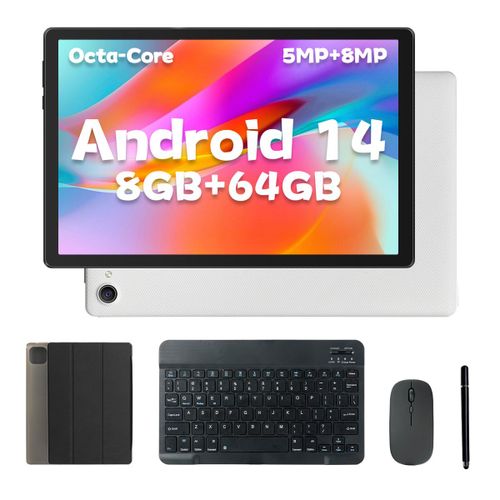 Tablette 10 pouces Android 14 Processeur Octa-Core, 64GB de stockage/1 TB d'extension, cran Tactile IPS HD 1280x800, Double camra 5MP+8MP, WiFi 6, avec clavier, souris, stylet et tui (Blanc)