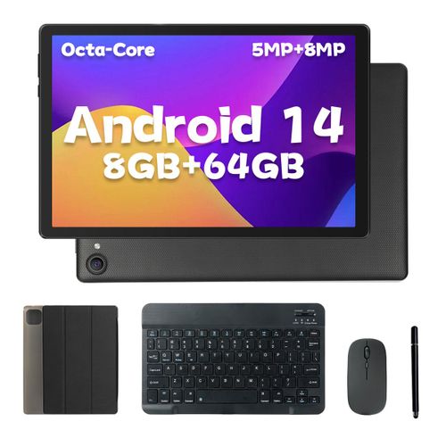 Tablette 10 pouces Android 14 Processeur Octa-Core, 8Go + 64Go de stockage/1 TB d'extension, cran Tactile IPS HD 1280x800, Double camra 5MP+8MP, WiFi 6, avec clavier, souris, stylet et tui (Noir)