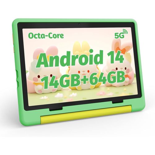 Tablette enfant 10 pouces Android 14 avec 14 Go + 64 Go + 1 To TF, cran HD 1280x800, 5000 mAh, WIFI 6, Bluetooth 5.3, Double Camra avec Kid-Proof Etui (Vert)