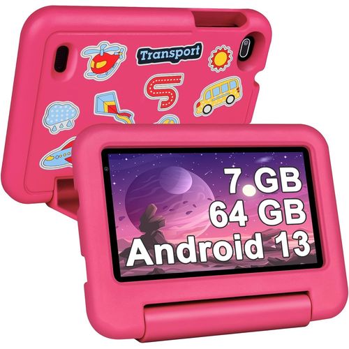 Tablette Enfants 7 Pouces Android 13,Quad Core 7Go RAM + 64Go ROM(TF 1 to),Tablette ducative avec Certifi GMS,Contrle Parental,WiFi,Bluetooth,Kids Tablettes avec tui Anti-Chute-Rose