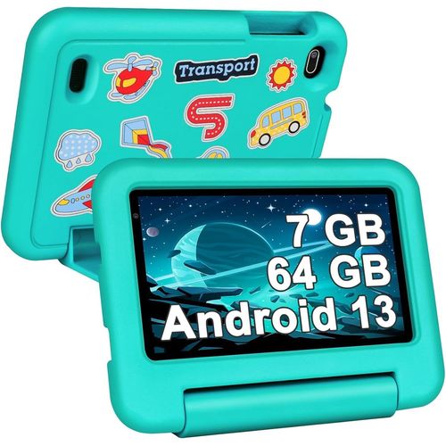 Tablette Enfants 7 Pouces Android 13,Quad Core 7Go RAM + 64Go ROM(TF 1 to),Tablette ducative avec Certifi GMS,Contrle Parental,WiFi,Bluetooth,Tablettes avec tui Anti-Chute-Vert