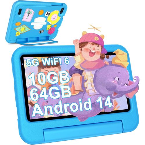Tablette Enfants 7 Pouces Android 14 Tablette avec 10GB RAM+64GB ROM(TF 1TB),Octa-Core|5G+2.4G WiFi 6|Contrle Parental|Dual Cameras|Bluetooth 5.0|iWAWA Tablettes avec EVA Cas-Bleu