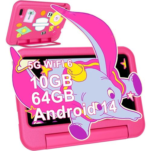 Tablette Enfants 7 Pouces Android 14 Tablette avec 10GB RAM+64GB ROM(TF 1TB),Octa-Core|5G+2.4G WiFi 6|Contrle Parental|Dual Cameras|Bluetooth 5.0|iWAWA Tablettes avec EVA Cas-Rose