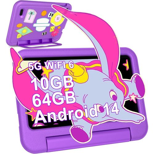 Tablette Enfants 7 Pouces Android 14 Tablette avec 10GB RAM+64GB ROM(TF 1TB),Octa-Core|5G+2.4G WiFi 6|Contrle Parental|Dual Cameras|Bluetooth 5.0|iWAWA Tablettes avec EVA Cas-Violet
