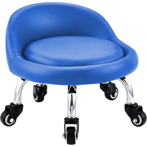 Tabouret Bas Avec Roues, Mini Tabouret  Roulettes Pied Bas, Dossier Simili Cuir Sige Faible Mtal Pitement, 360 Banc Rond En Cuir Avec 5 Roues Pour Le Bureau  Domicile Ou Le Fitness (Bleu)