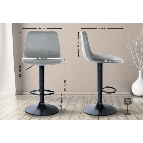 Tabouret De Bar Velours Ajustable Pivotant Velours Gris