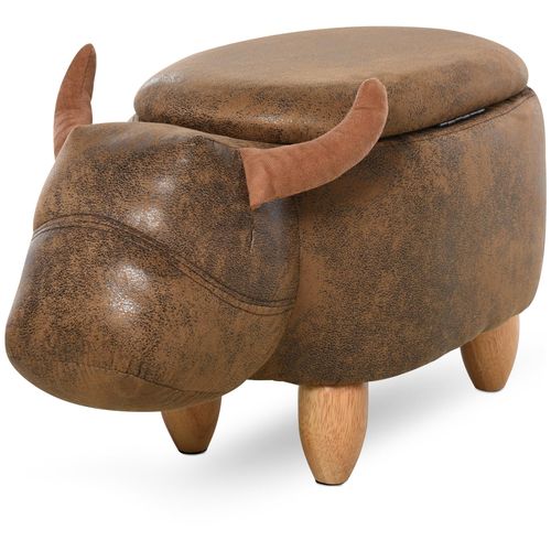 Tabouret Vache - Pouf Vachette - Pouf Taureau Coffre De Rangement 2 En 1 - Pieds Bois D'hva Revtement Synthtique Aspect Daim Vieilli Marron
